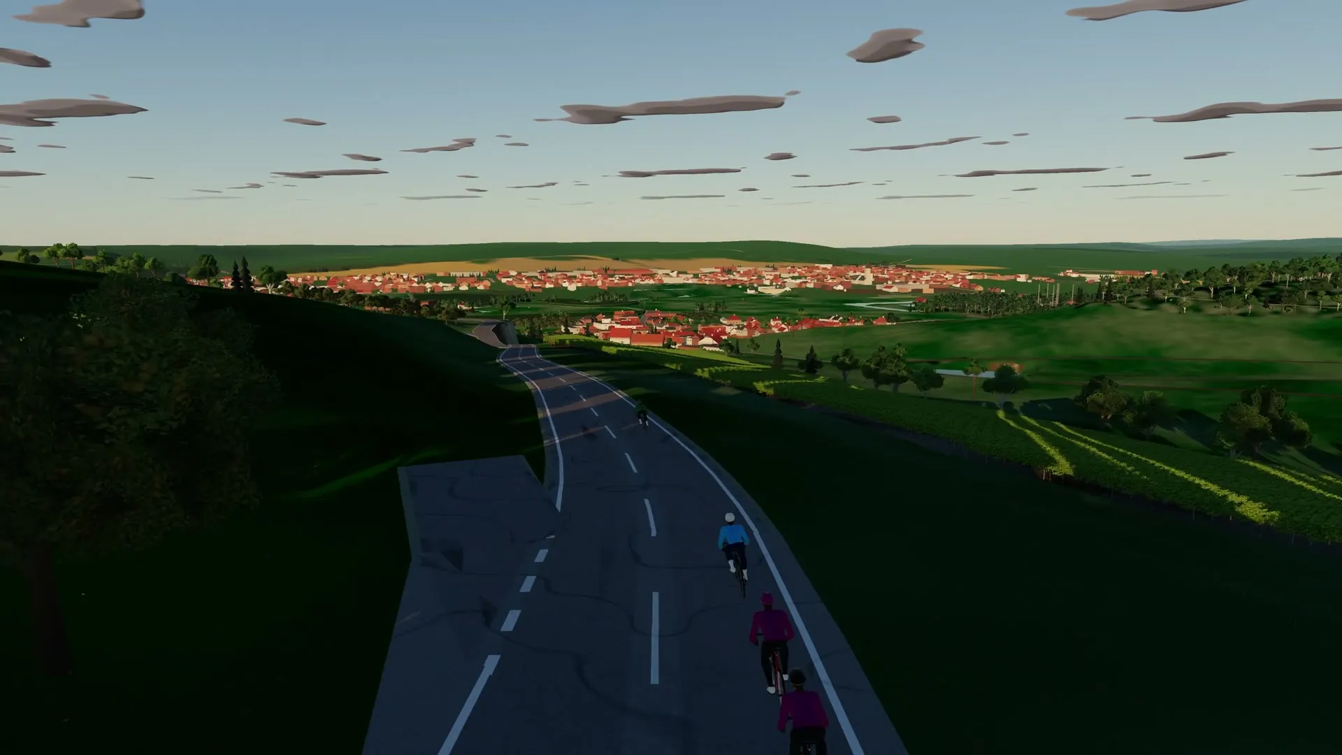 Een groep op een rustige weg omlaag naar een dorp in een groen dal in Zuid-Limburg
