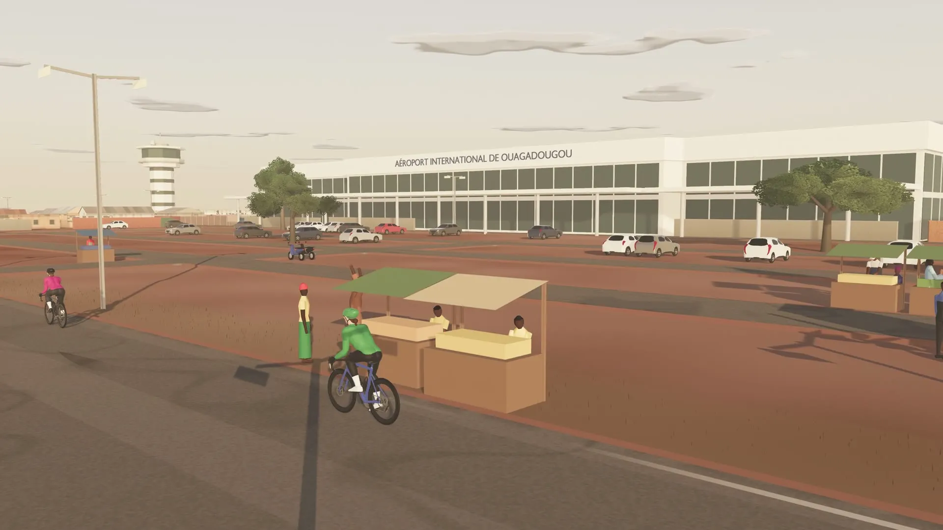 Een renner langs kraampjes aan de weg naar het vliegveld van Ouagadougou